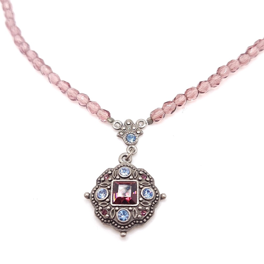 1928 Jewelry Vintage Purple Bead Necklace Victorian Revival Crystal Pendant 16"